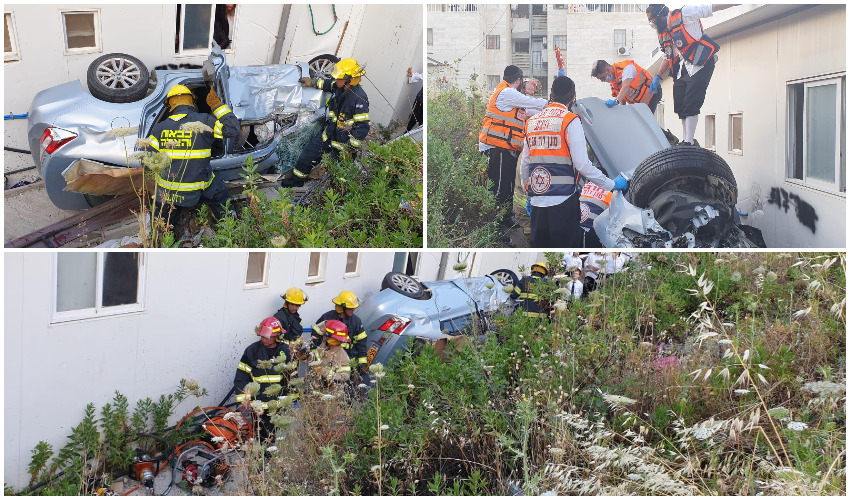 חילוץ הנהג שהתדרדר לוואדי בשכונת חפציבה צילומים כבאות והצלה בית שמש, תיעוד מבצעי מדא